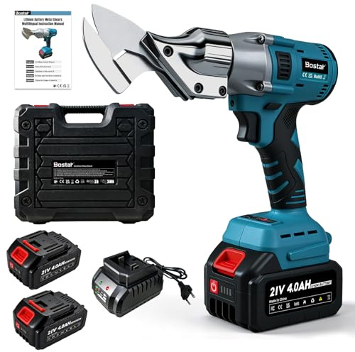 Bostar Akku Blechschere, Bürstenloser Motor mit 2x 4.0Ah Akku, Elektrischer Blechschneider für 1,5mm Metall & 2,0mm Alu, 360° Drehbarer Kopf, 2-Gang & Auto-Stopp, Kompatibel mit Makita 18V Akku