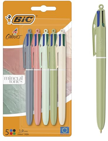 BIC 4 Couleurs Minéral - Stylos-Bille Pointe Moyenne (1,00 mm) - Couleurs de Corps Assorties, Pack de 5