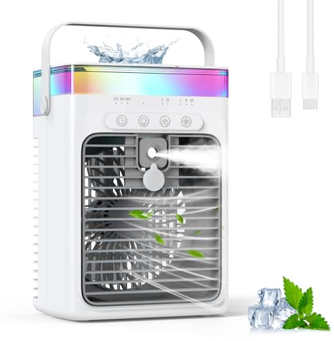 Condizionatore d'Aria Portatile, 3-in-1 Raffreddatore ad Evaporazione con 3 Velocità e 2 Modalità Nebbia, 1000ml Mini Condizionatore, Ventilatore USB con Luce RGB e Timer per Ufficio Auto Camper