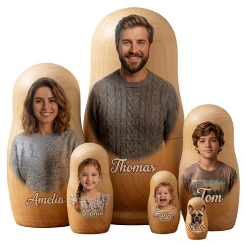 VEELU Personalizzate Matrioska Russa con Foto & Nome, Festa Della Mamma Idee Regalo, Matriosche Bambole Fino a 6 Personaggi, Personalizzato Compleanno Regalo per Mamma, Famiglia