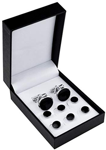 Black Silver Tuxedo Studs and Cufflinks Set, Mens Cufflinks and Cuff Studs Set Cuff Links Stainless Steel Tux Buttons with Box for Tuxedo Shirts Wedding Business Gift