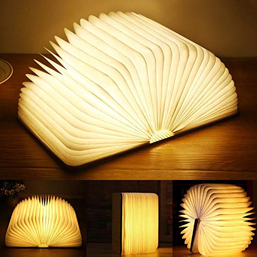 YUANJ LED Buchlampe, Hölzerne Buch Lampe, USB Aufladbare Buchlampen, Aurora Lampe Buch 360° Faltbar, Dekorative Lampen/Nachtlicht, Kreatives Geschenk für Frauen/Eltern/Kinder(2500mAh/warmweiß Licht)