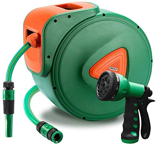 BAKAJI Avvolgitubo da Giardino Tubo Acqua con Blocco Automatico Fissaggio a Parete Tubo in PVC Staffa a Muro Orientabile Ruotabile a 180° (30 Metri)