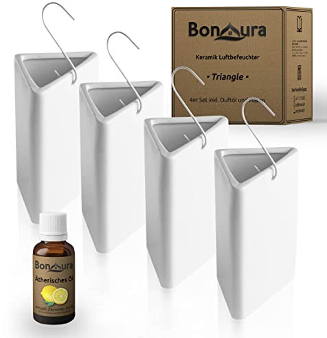 BonAura® - 4er Set Luftbefeuchter aus Keramik für Heizkörper mit Haken inkl. Duftöl (Zitrusfrüchte)