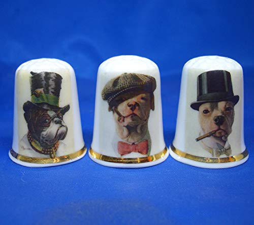 Porcelain China Thimbles Set of Three - Victorian Dogs in Top Hats
