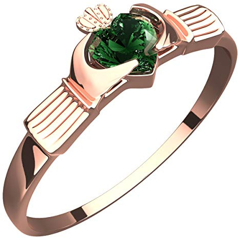 GWG Jewellery 18K Roségold vergoldetes Claddagh Ring mit herzförmigem Smaragdgrünem Stein unter Krone – 5 in Geschenkbox für Frauen