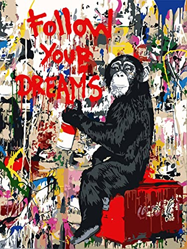 Banksy Måla efter nummer-set, gatukonst, graffiti, oljemålningar, motiv med apa, 40 x 50 cm, gör-det-själv-oljemålning på konstduk, konstset för barn, elever, vuxna, nybörjare, set med borstar och