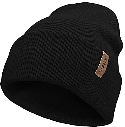 TOSKATOK Unisex Ladies Soft Feel Turn up or Slouch Knit Beanie Hat Warm Winter Woolly Hat Black