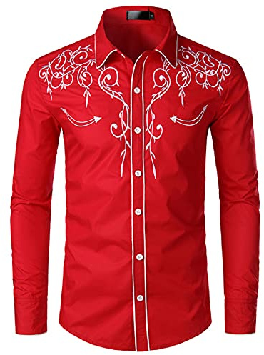 NW Camisa de vaquero occidental para hombre con estilo bordado slim fit casual manga larga camisas para hombre de boda fiesta camisa, rosso, XL