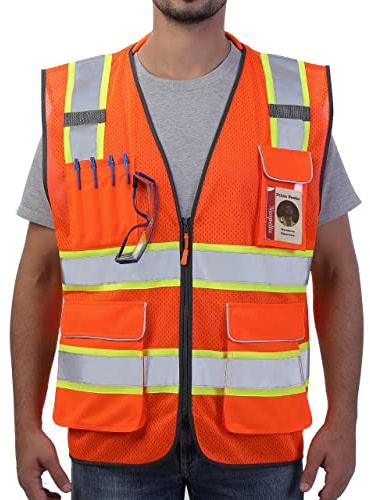 Neopelta Reflective Safety Vest Orange Mesh, High Visibility Vest with Pockets and Zipper, Padded Neck, Construction Work Vest ANSI Class 2, Orange with Yellow Trim L