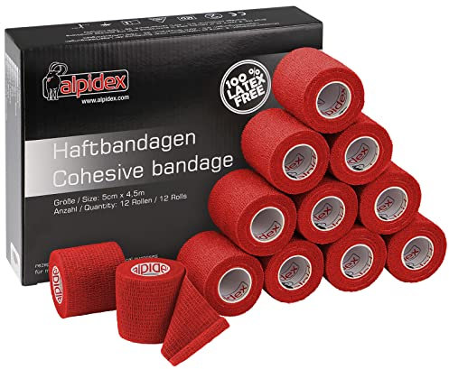 ALPIDEX 12 Rotoli Benda Adesiva 5 cm x 4,5 m Molti Colori Bendaggio Coesivo Fasciatura Personi Animali Garza Elastica Autoadesivo Cavalli Cani Umani, Colore:rosso