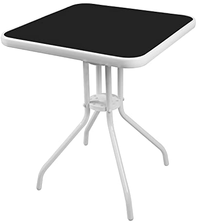 INDA-Exclusiv Gartentisch Bistrotisch Glas/Metall Weiß eckig Balkontisch Gartentisch Glastisch 60x60x70cm