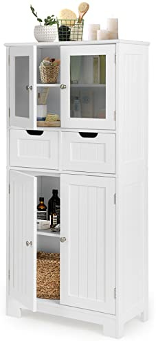 RELAX4LIFE Bathroom Floor Cabinet, Free Standing Storage Cupboard with 2 Drawer, Double Door Cabinet & 3-Height Adjustable Shelves, Wooden MDF Organiser Unit for Entryway Living Room Kitchen (White) | with 2 Drawer, Double Door Cabinet & 3-Height Adjustable Shelves, Wooden MDF Organiser Unit for Entryway Living Room Kitchen