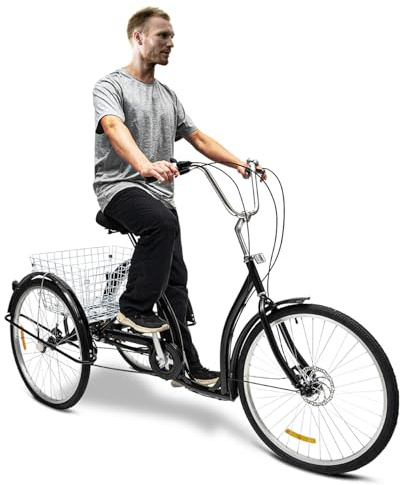 HINOPY 26 tums trehjuling vuxna, seniorer trehjuling 6 växlar 3 hjul cykel trehjulig cruisercykel med korg för rekreation, shopping, picknick (svart)