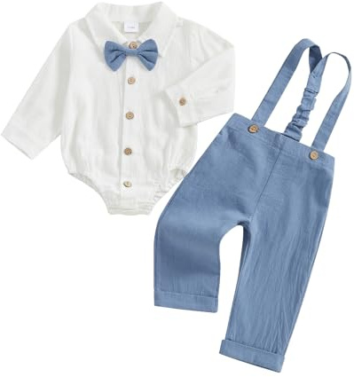 MAHUAOYIXI Infant Baby Boy Gentleman Suit 0-18M Long Sleeve Lapel Neck Button Up Rompers Shirts With Bow Tie and Solid Color Suspender Pants 2Pcs Set Clothes for Todder Boys (Blue, 3-6 Months)