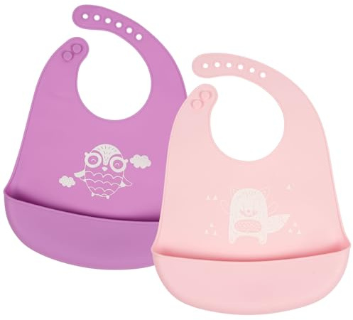 Vicloon Silicone Baby Bib, 2PCS Baby Weaning Bibs, Adjustable Waterproof Baby Feeding Bibs with Food Catcher Pocket, Unisex Soft and Easily Wipe Clean for Infant Toddler, Owl & Fox
