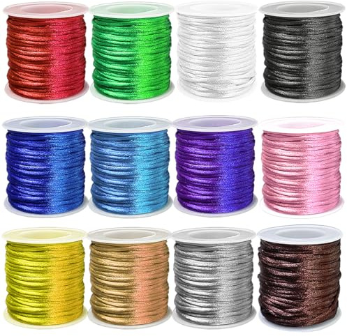 Ewpart Lot de 12 Rouleaux de Fil Bracelet Nylon, 2 mm Fil Nylon Bracelet, Bijoux, Fil Bracelet Brésiliens, Perles, Cordon, Collier, Porteclés, Collier, Macramé, Porteclés Lanyards, Bijoux Faire