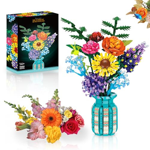 Flowers Bouquet Building Blocks Set with Vase, Roses, Sunflower, Hyacinth, Hydrangea for Adults, Teen Girls, Botanical Collection Home Décor, Office Decor, Gifts for Valentines Birthdays Mother's Day