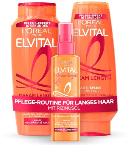 L'Oréal Paris Elvital Germany's Next Topmodel Haarpflege-Routine für langes und geschädigtes Haar: Dream Length Set mit Shampoo 300ml, Spülung 250ml und Hitzeschutzspray 150ml