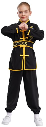 FEESHOW Kids Boys Girls Chinese Kung Fu Suit 2Pcs Dragon Printed Tai Chi Master Uniform Martial Arts Clothes Black 15-16 Years