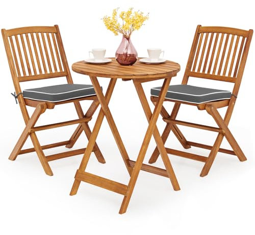 COSTWAY 3tlg. Balkonmöbel Set, Bistrotisch mit 2 Stühlen, klappbares Balkonset aus Akazienholz mit 2 Kissen, Bistroset, Gartengarnitur, Gartenmöbel, Sitzgarnitur, Sitzgruppe für Garten, Balkon (Grau)