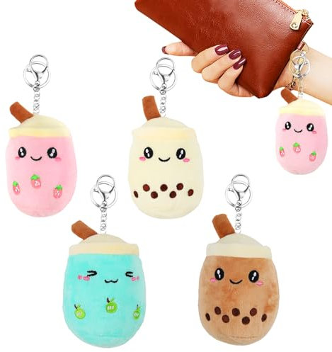 Bubble Tea Kuscheltier Schlüsselanhänger,4 Stück Bubble Tea Anhänger Bubble Plüschtier Boba Kuscheltier Teetasse Kissen Kinderspielzeug für Kinder Erwachsene Halloween Weihnachten Geburtstagsgeschenk