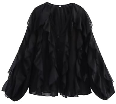 HangNiFang Ruffled Multi-Layered Summer Blouse for Women Trendy Semi See Through V-Neck Long Sleeve Button Chiffon Shirt Tops(1269-Black-L)