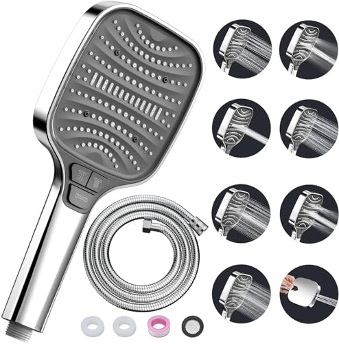 Rociador de ducha con manguera 1,5 m – ducha de mano con 8 tipos de chorro y función de paro – cabezal efecto lluvia grande, ahorro de agua, plateado 2