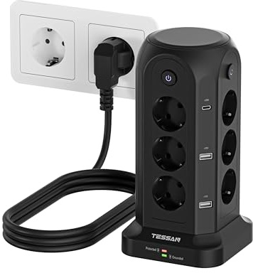 TESSAN 12 Fach Mehrfachsteckdose mit USB C, Steckdosenleiste mit 4 Einzelnen Schalter, Verlängerungskabel 2M Verteilersteckdose, Mehrfachsteckdose mit Überspannungsschutz, Steckdosenturm Schwarz