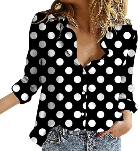 Blusas para mujer, cuello en V, con botones, clásicas, de lunares, de manga larga, para mujer