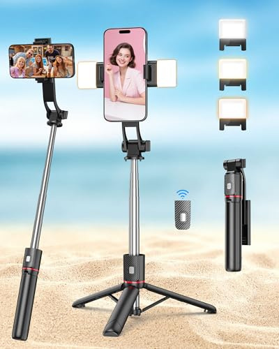 Free Fashion 40 Selfie Stick with Light & Wireless Remote, Portable Phone Tripod Stand for iPhone & Android, Lightweight Foldable Selfie Stick for Travel, Vlogging, and Live Streaming