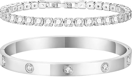 JOZMMZEOOA Tennisarmband 2 stycken guldarmband för kvinnor 10 diamanter, breda zirkoner damarmband 4 mm, tennis levereras med en vacker presentförpackning, Verschiedene Größen, Rostfritt stål, Cubic