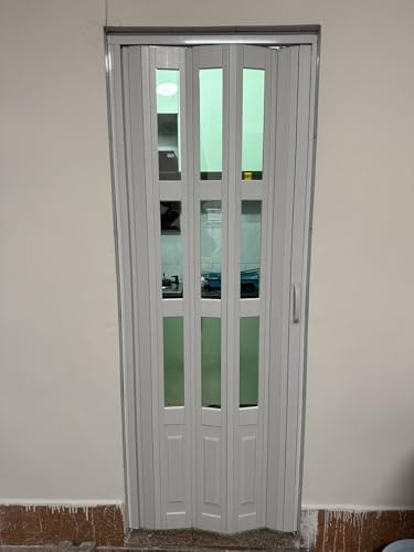 Concertina Door Bathroom Folding Doors Internal, White Wood Grain Vinyl Accordion Gate with Hardware, Magnetic Locks Folding Closet Partition Panel(32x40in(81x101cm))
