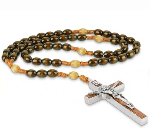 Classic Wooden Rosary Beads ,Handmade Catholic Rosary for Men and Women,Perfect for Rosarios Catolicos,Includes 3 Large Size Metal Saint Benedict Medal Cross and Exquisite Packaging Box (1PCS)
