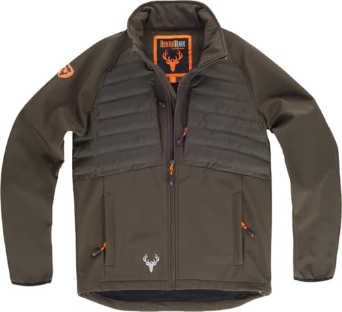 WORKTEAM Chaqueta Softshell de Caza y Outdoor, Tejido Acolchado y Manga Ranglan, Interior Polar, Cortavientos Transpirable, Cremalleras Invertidas y Cordón Ajustable en Bajo Unisex Verde Caza-L