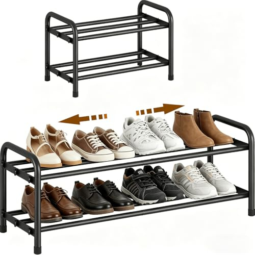 YUWHFEI Extendable Shoe Rack, 2 Tier Small Shoe Racks Adjustable Metal, Black Shoe Storage Organiser for Hallway, Inside Wardrobe, Closet, Bedroom, Entryway, Can be Used for 45-80CM Narrow Space
