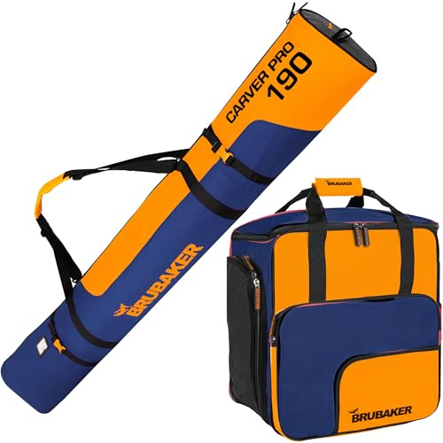 BRUBAKER Set di borse da sci Carver Pro – Borsa per scarponi da sci e sacco da sci per 1 paio di sci 190 cm, bastoni, scarpe e casco, imbottita, resistente agli strappi e robuste, borse zaino per
