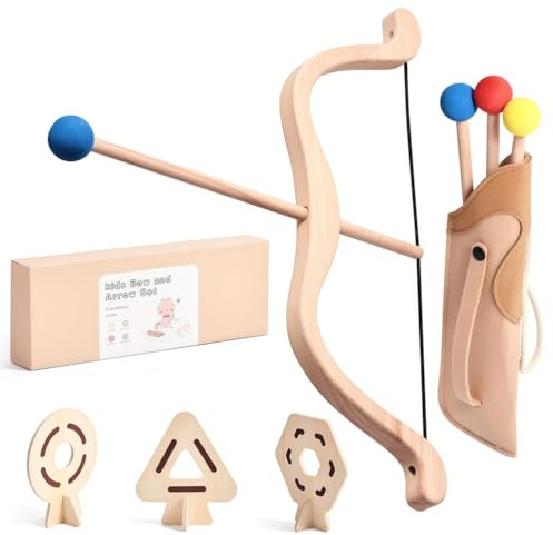 Racocou Set di arco e frecce in legno per bambini con 3 bersagli di carta, giocattolo per tiro con l'arco all'aperto, interazione genitore-bambino, modello sicuro in legno naturale