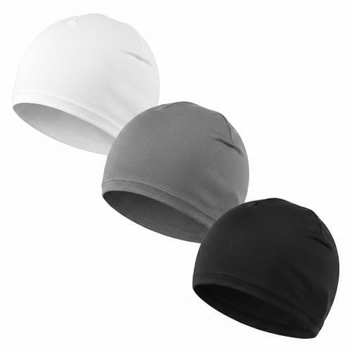 YUXMU 3 Pack Cooling Skull Caps for Men and Women, Breathable Moisture Wicking Helmet Liner Running Hat Lightweight Stretchy Mesh Cycling Cap for Summer Workout Gym and Outdoor Sports