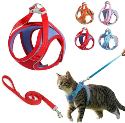 Kattsele och blyset, reflekterande justerbart kattkoppel med flyktsäker design, bekväm husdjursväst for promenader och utomhusäventyr, kattsele(Red,S)