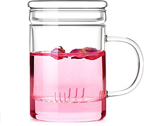 TAMUME 380ml Vetro Tazza Vetro con Filtro Vetro del Tè e Coperchio Piatto (Dritto 380ml)