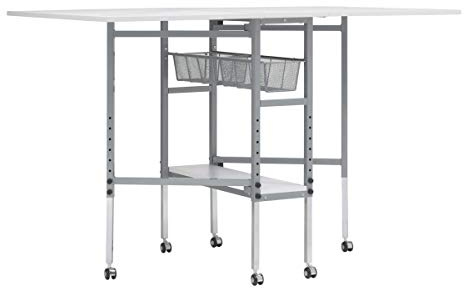 Quilting/Fabric Cutting Table with Grid Top and Silver Legs and Wheels