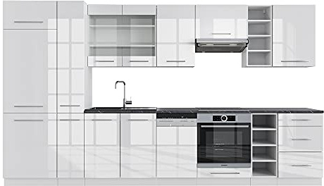 Vicco Küchenzeile Fame-Line, Weiß Hochglanz/Weiß, 355 cm ohne Arbeitsplatte, geeignet zur individuellen Erweiterung mit Zusatzmodulen