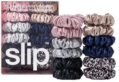 Slip Pure Silk Minnie Scrunchies - Classic - 100% Pure 22 Momme Mulberry Slipsilk Hair ties for Women - Hair-Friendly - Pink, Caramel, Silver, Navy, Leopard & Black - 12 Pack