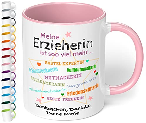 Dankeschön Tasse personalisiert „Meine Erzieherin ist soo viel mehr“ - 330ml Keramik Kaffeetasse mit Spruch Abschiedsgeschenk Kindergarten Kita Tagesmutter (Rosa)