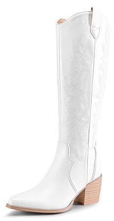DREAM PAIRS Botas Cowboy Caña Alta | Bordado decorativo, tacón cubano 7.1cm, punta fina, plantilla látex, cremallera lateral.