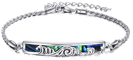 YFN Sterling Silver Wave Bracelets Abalone Cuff Bracelet Couple Jewelry