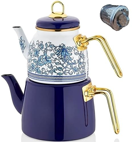 Juego de tetera turca vintage para estufa, infusor decorativo, tazas de fiesta, vasos, caldera única, colador samovar, hojas sueltas, decoración esmaltada (blanco-azul)