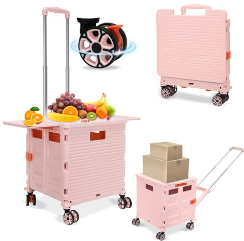 SELORSS BY10WX Carrito de Compras Plegable con 4 Ruedas, Gran Capacidad de 55L/80KG, Cochecito Plegable Estilo de Tiro Plano con Tapa Extendida, Carro para Comestibles para Acampar/Profesor, Rosa