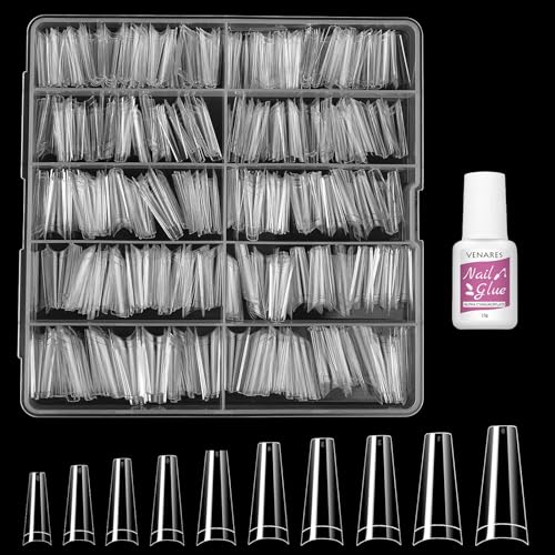 Venares 500 Piezas de Uñas Postizas Acrílicas - 10 Tamaños Kit de Uñas Postizas con Pegamento, Set de Uñas Postizas Acrílicas Naturales Para Mujeres Niñas Salón de Uñas y Bricolaje en Casa(With Box)